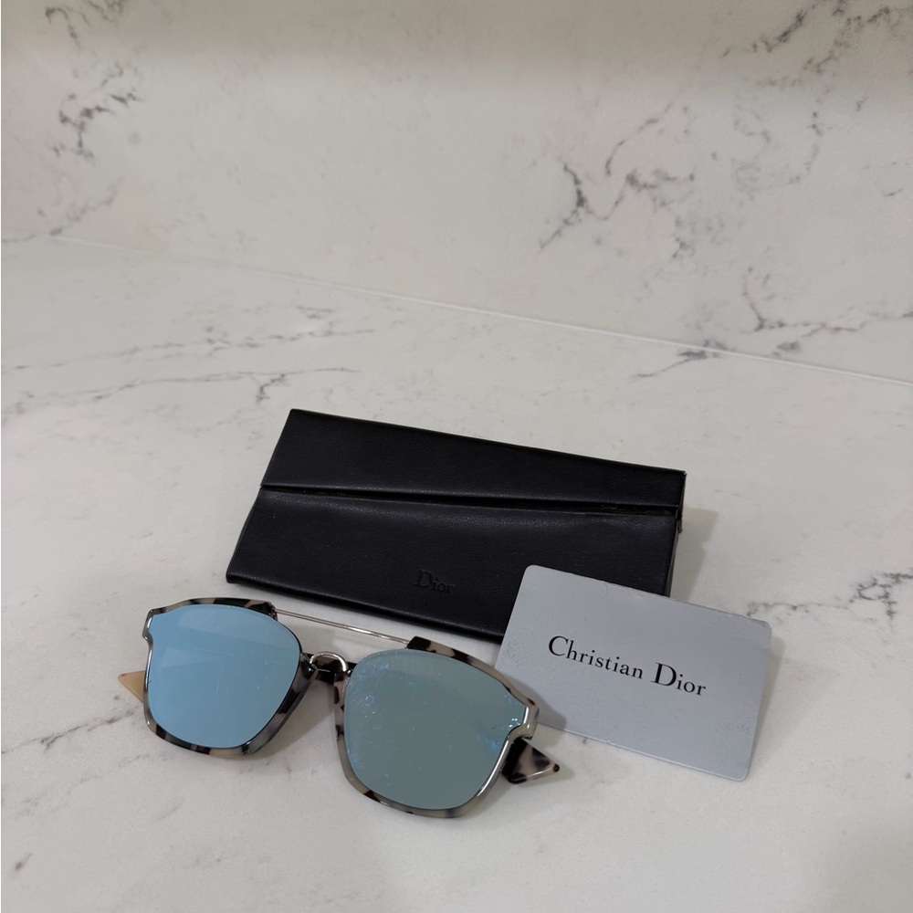 Dior Women's Sunglasses with Light Blue Mirrored Lenses and Tortoiseshell Frame